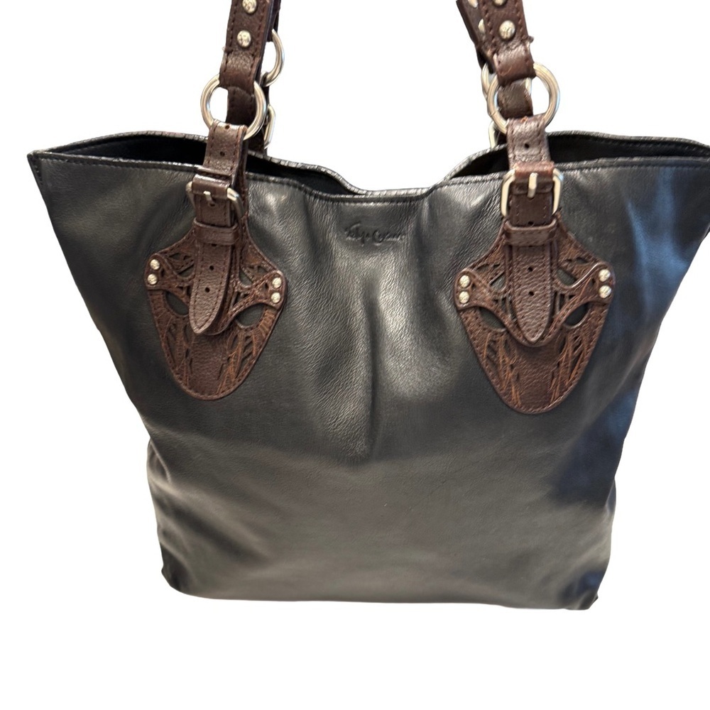 Foley + Corinna Black Leather Large Tote Bag Silver Hardware Brown Accents EUC - Picture 2 of 14